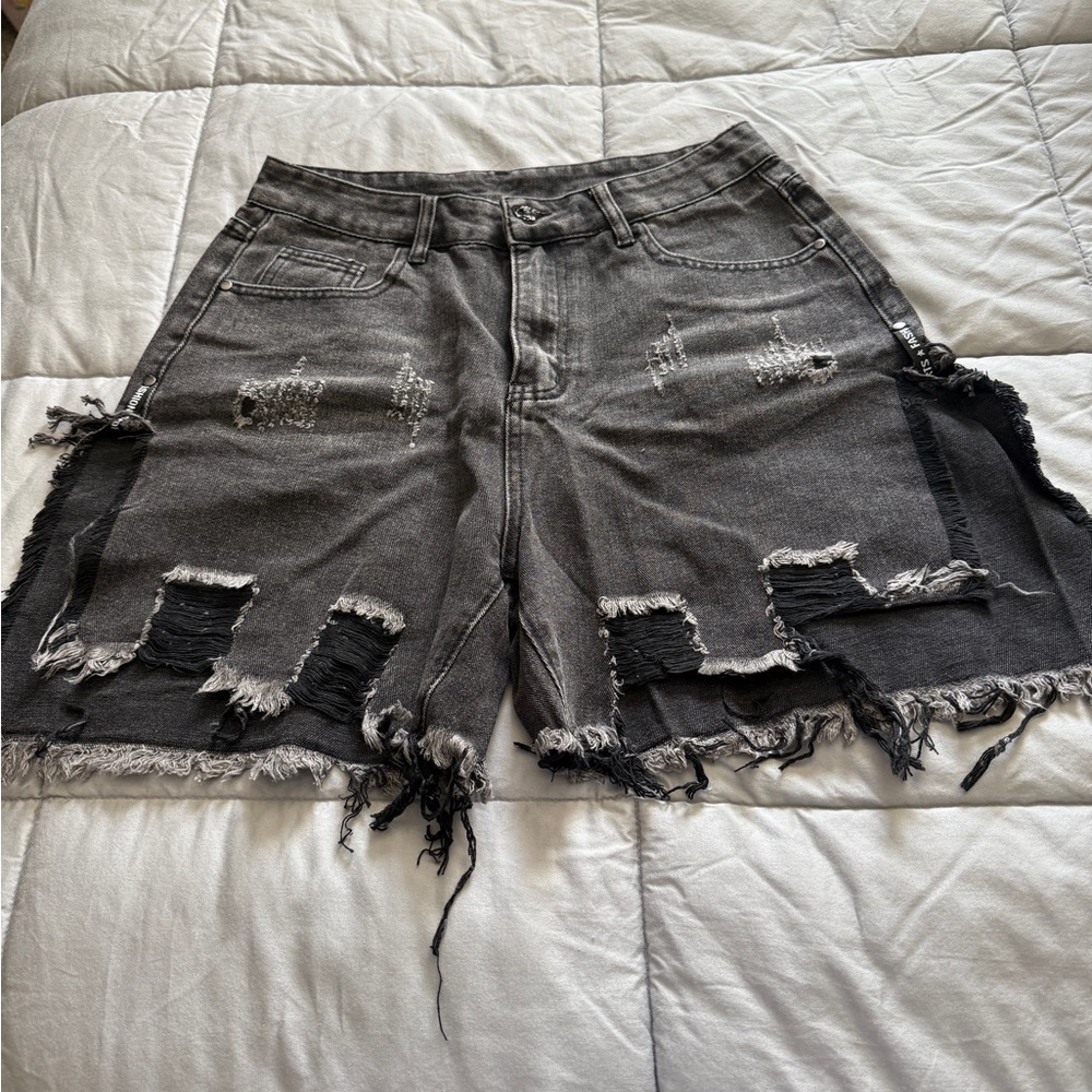 Distressed Black Denim Shorts